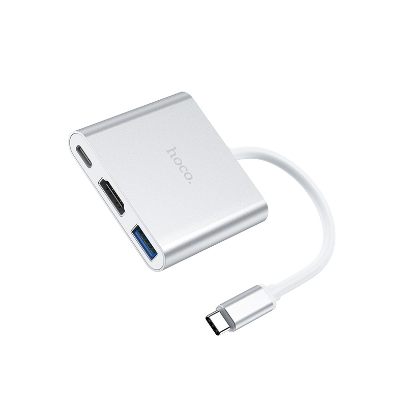 Переходник хаб HOCO HB14 Easy use Type-C adapter (Type-C to USB3.0+HDMI+PD), серебро