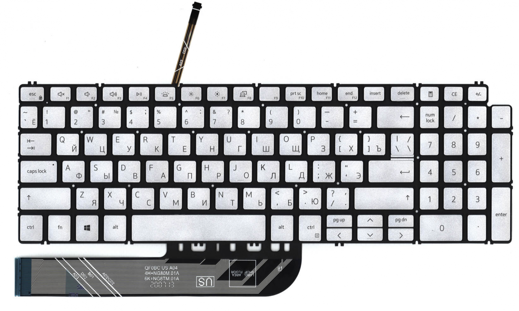 Клавиатура Dell Inspiron 5590 серебристая, с подсветкой, OEM